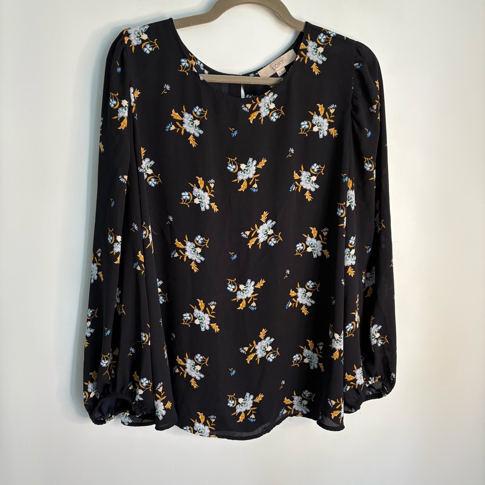 LOFT Navy Blouse with Yellow and Blue Floral Pattern